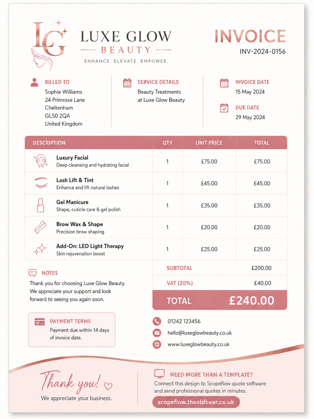 Elegant Beauty Invoice With Rose Gold Accents