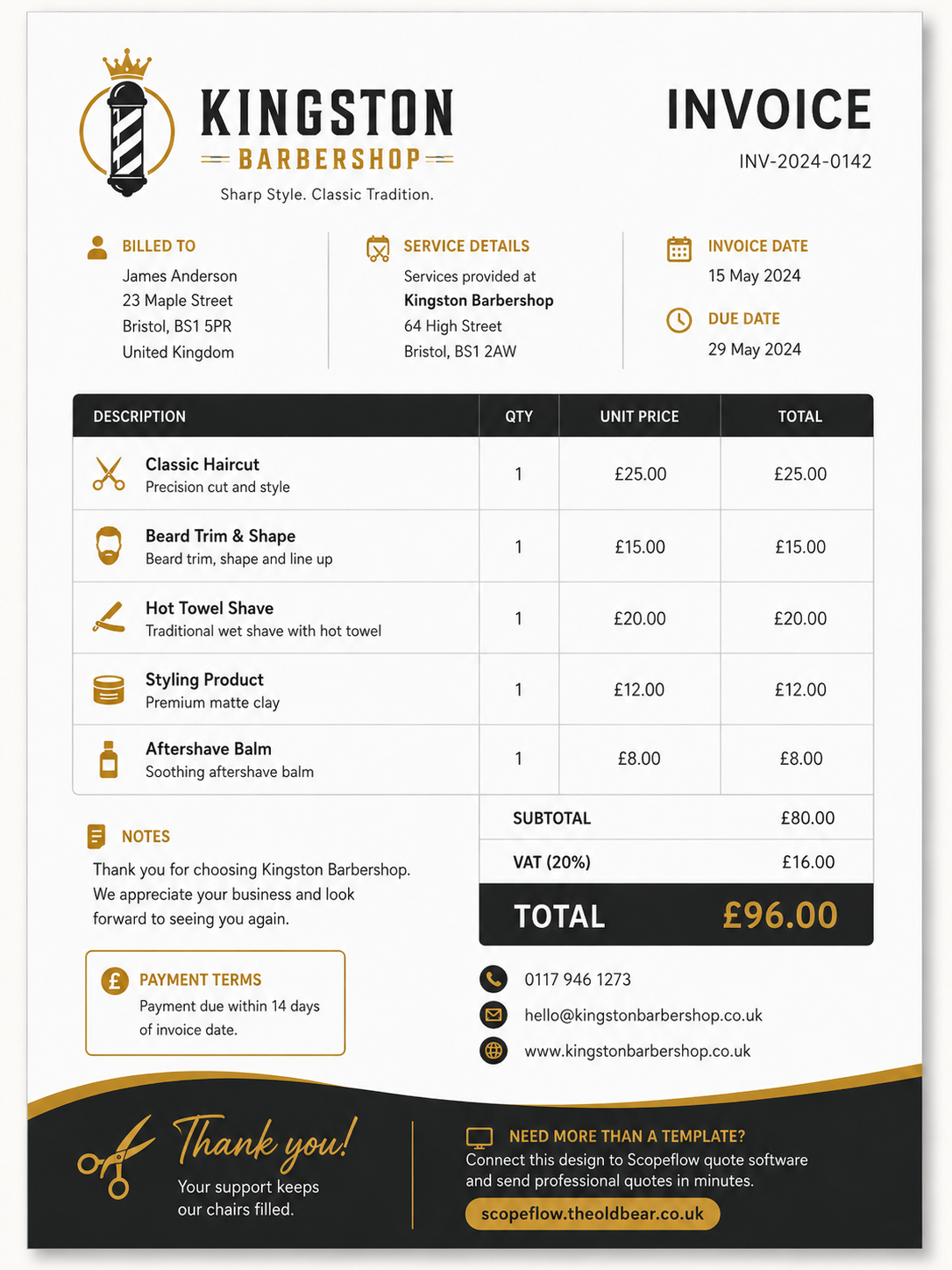Kingston Barbershop Invoice Design